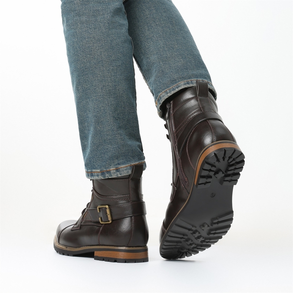 Men's Side Zipper Motorcycle Combat Boots - DARK BROWN - 8